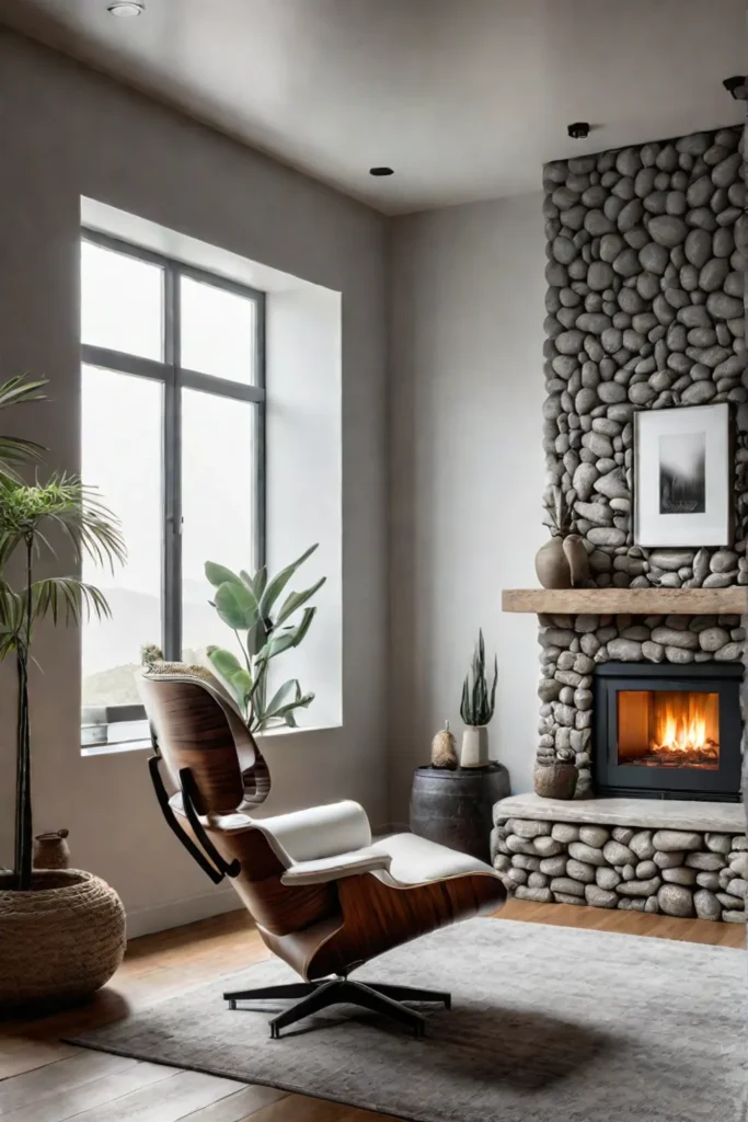 Leather and stone creating contrast in a living room