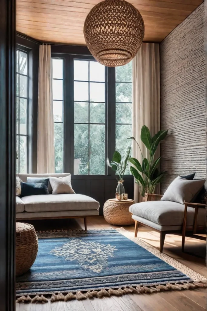 Living room showcasing handcrafted details like woven rug macrame and pottery