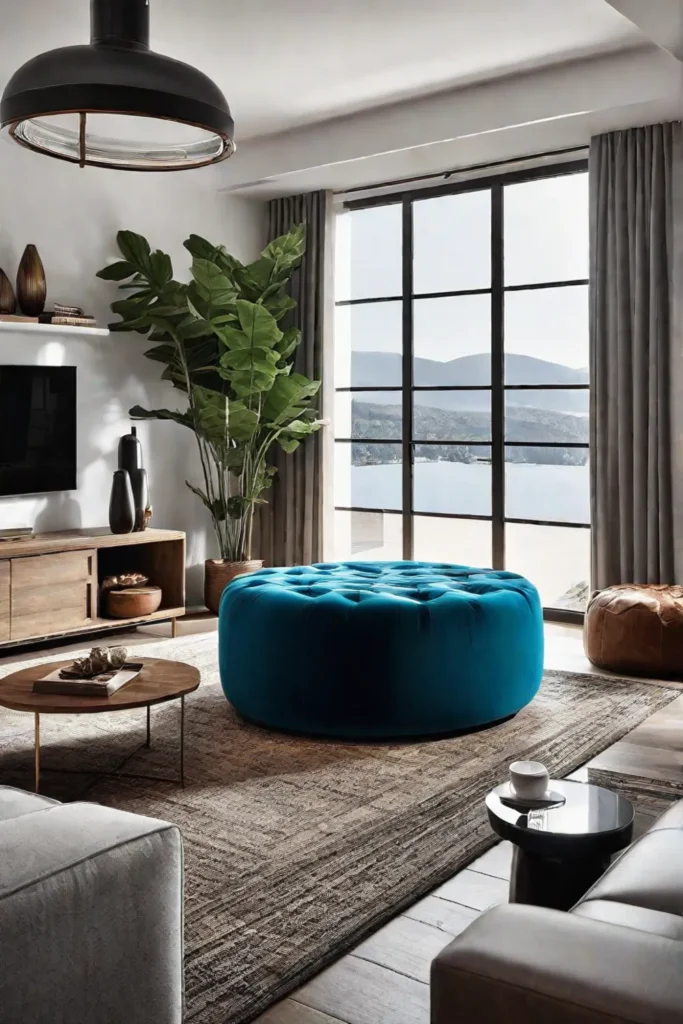 Living room with a plush ottoman as a coffee table