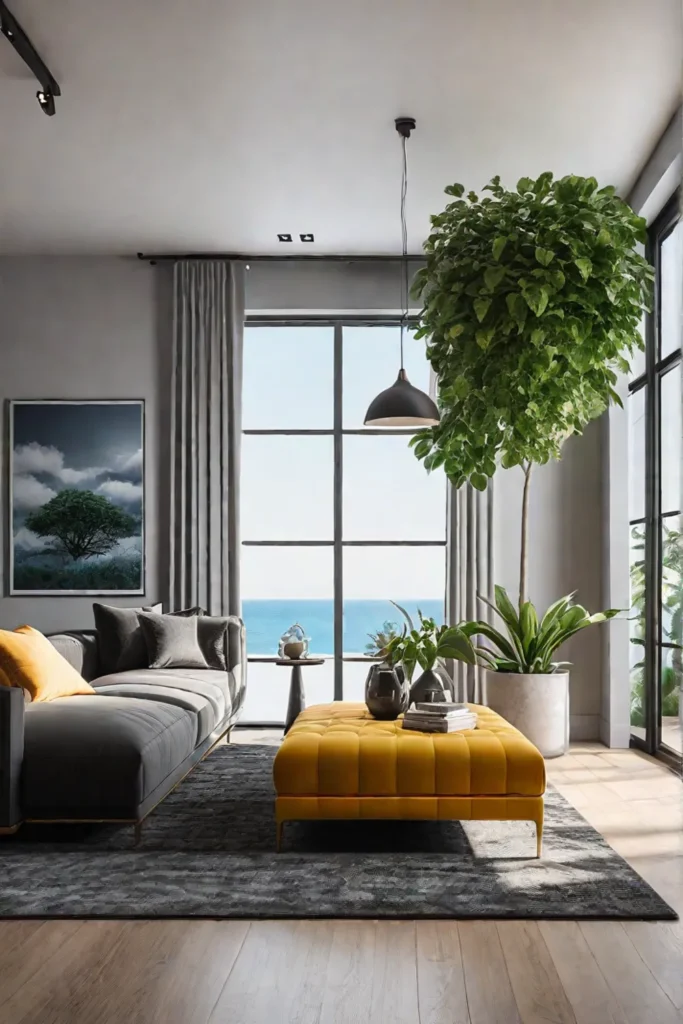 Living room with airpurifying plants and natural ventilation