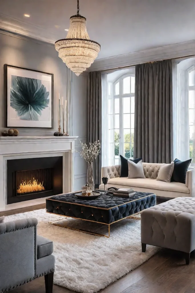 Living room with fireplace as a focal point and cozy seating area