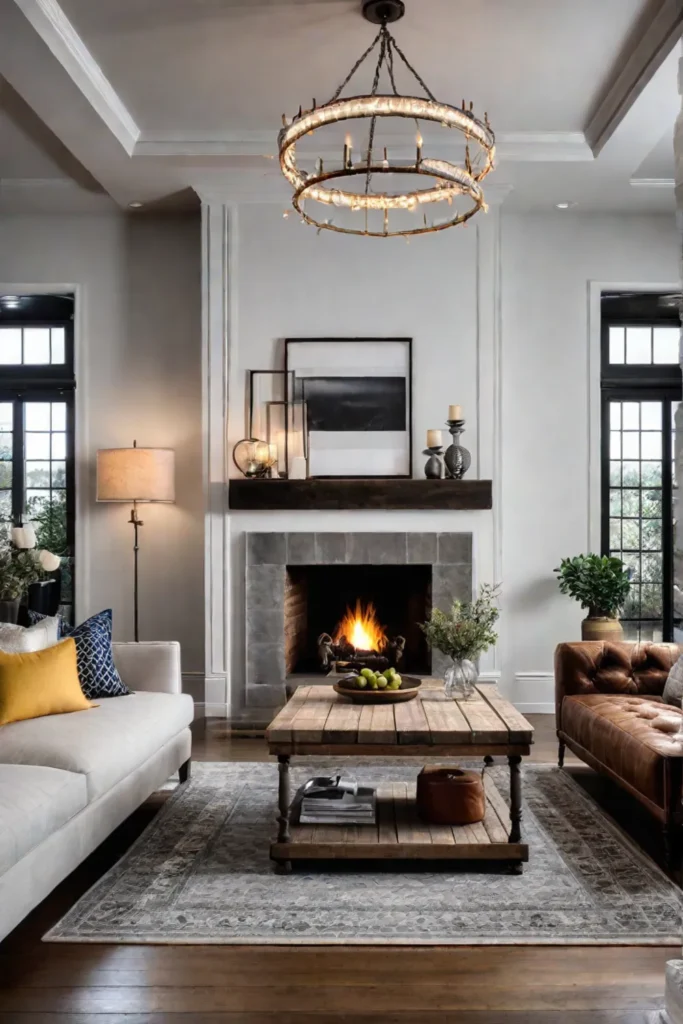 Living room with fireplace leather ottoman and industrial lighting