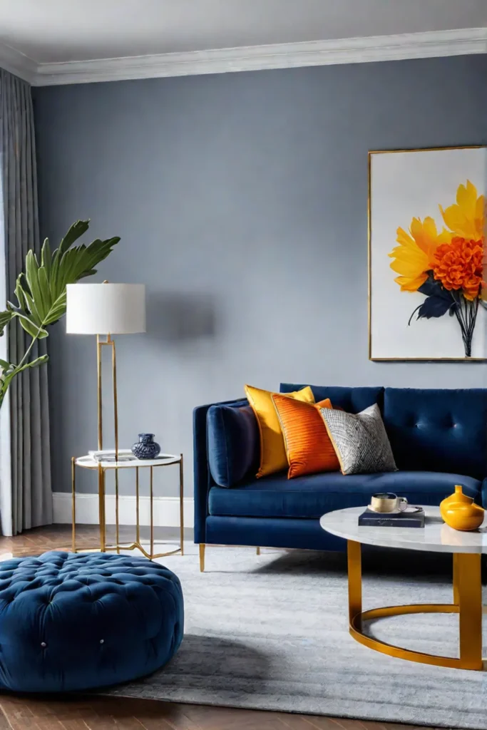 Living room with navy blue accent wall and pops of yellow and
