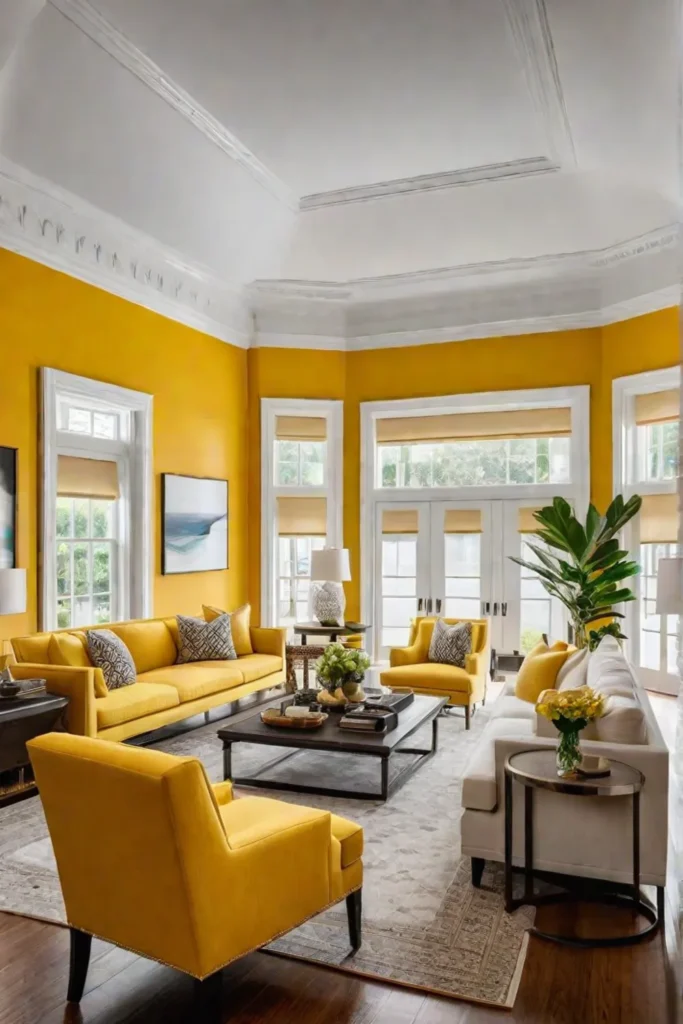 Living room with ochre yellow walls and high ceilings