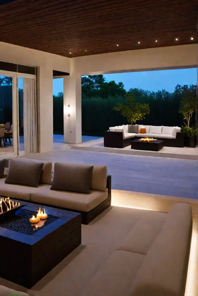 Living room with path lighting and landscape lighting extending to the outdoor