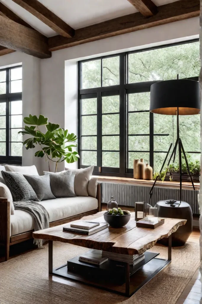 Living room with exposed beams and natural textures