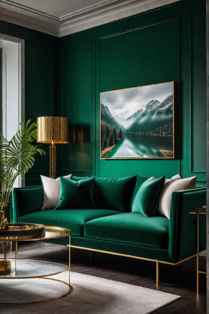 Luxurious apartment living room with emerald sofa and abstract art