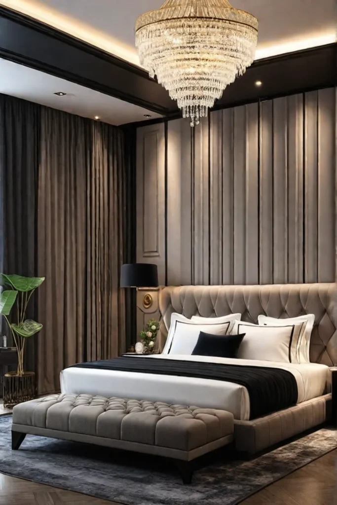 Luxurious bedroom with grand headboard and plush fabrics