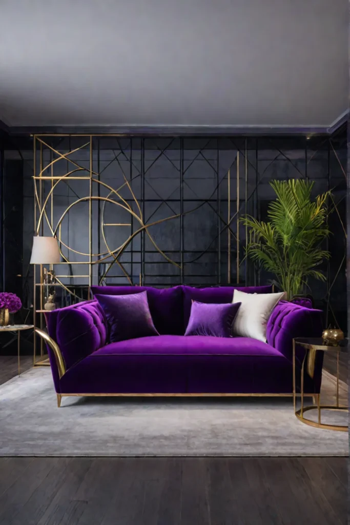 Luxurious living room with deep purple walls and velvet furniture