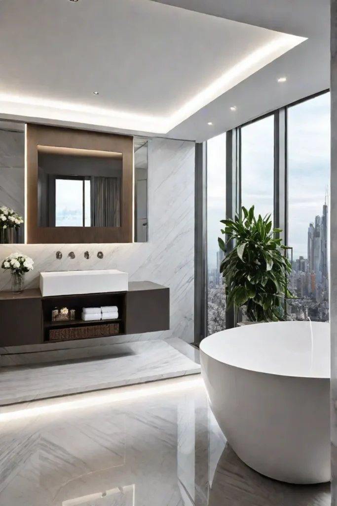 Luxurious bathroom with integrated quartz sink and vanity