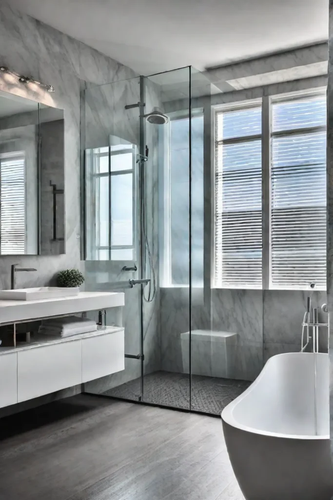 Marble bathroom with rainfall showerhead and natural light
