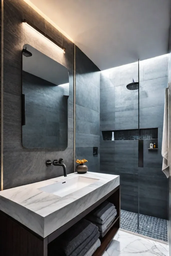 Marblelook tiles and a builtin niche in a spacesaving walkin shower