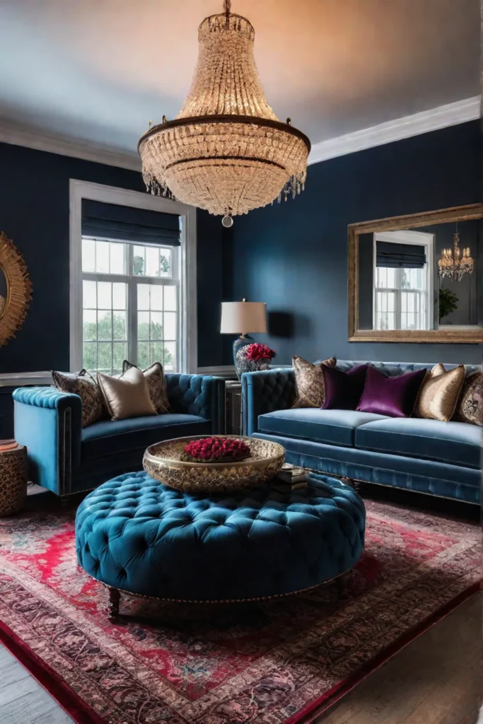 Metallic accents and jewel tones creating a glamorous space