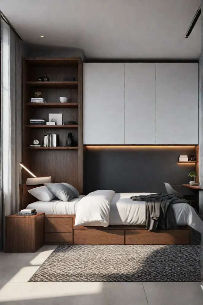 Minimalist apartment bedroom with builtin furniture