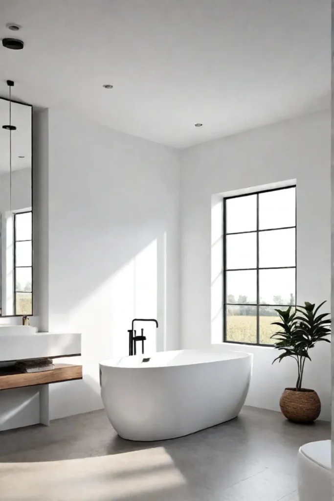 Minimalist bathroom with floating vanity and freestanding tub