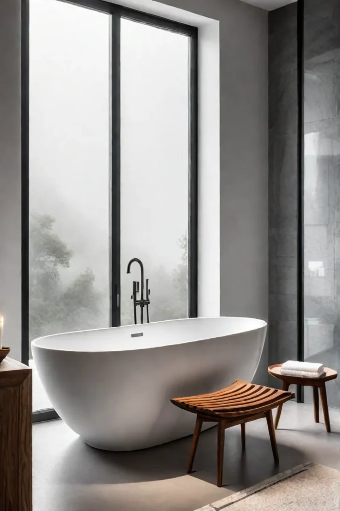 Minimalist bathroom with freestanding tub and natural light