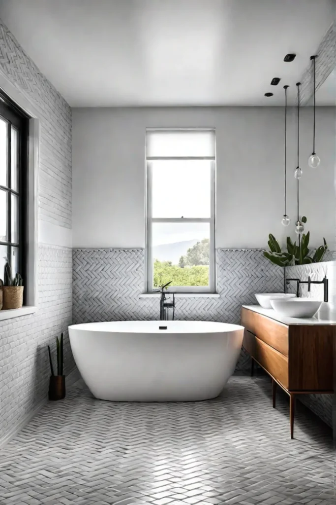 Minimalist bathroom with herringbone tile and skylight