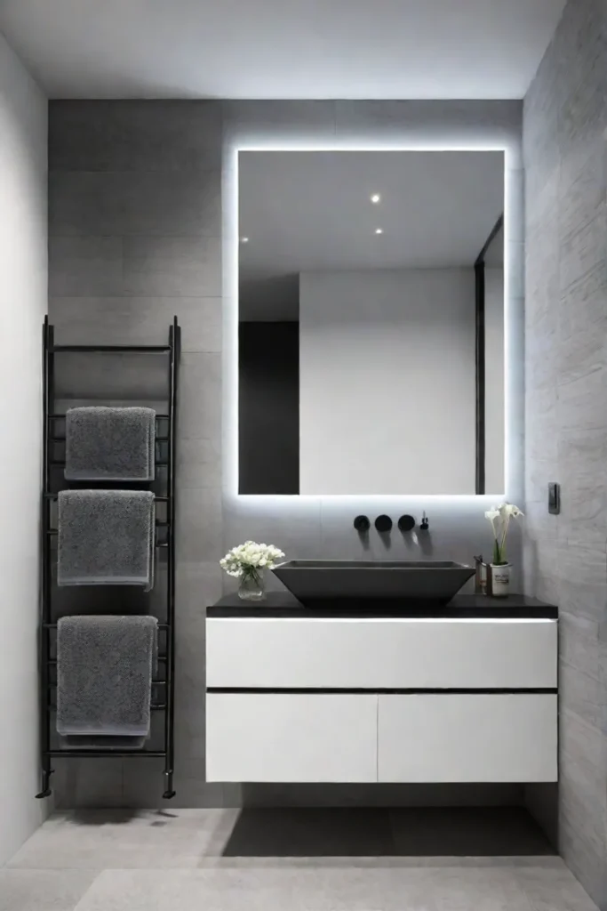 Minimalist bathroom with hexagonal floor tiles and LED mirror