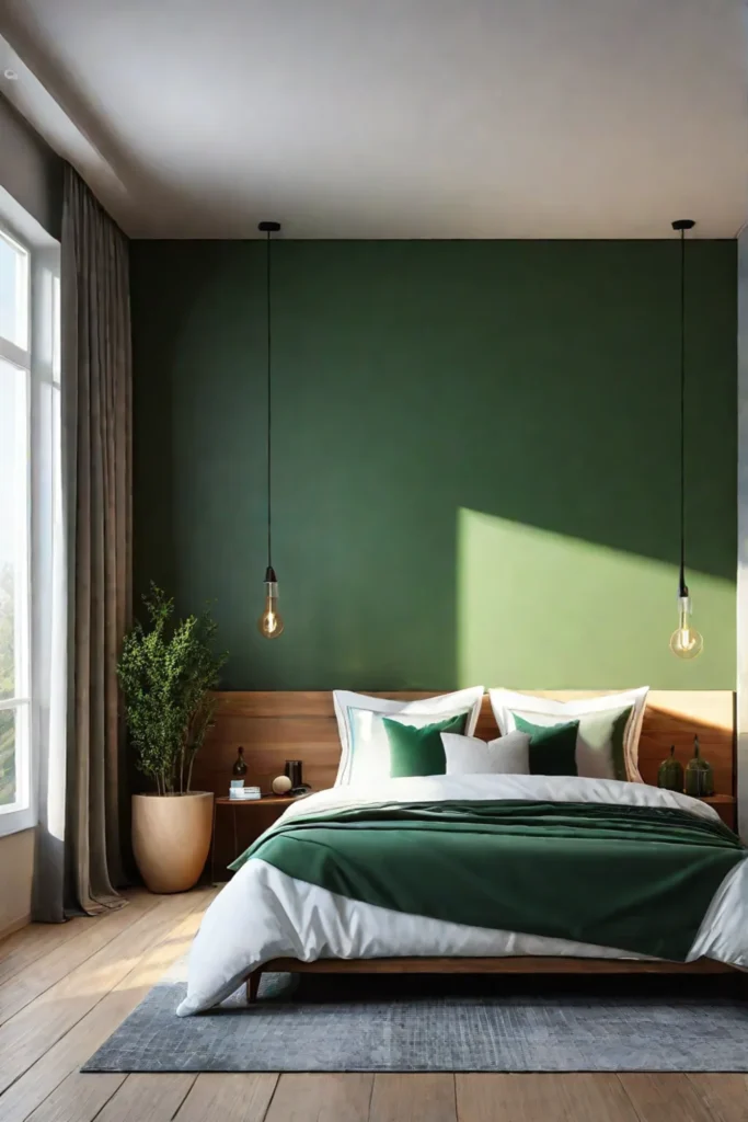 Minimalist bedroom with a calming green accent wall