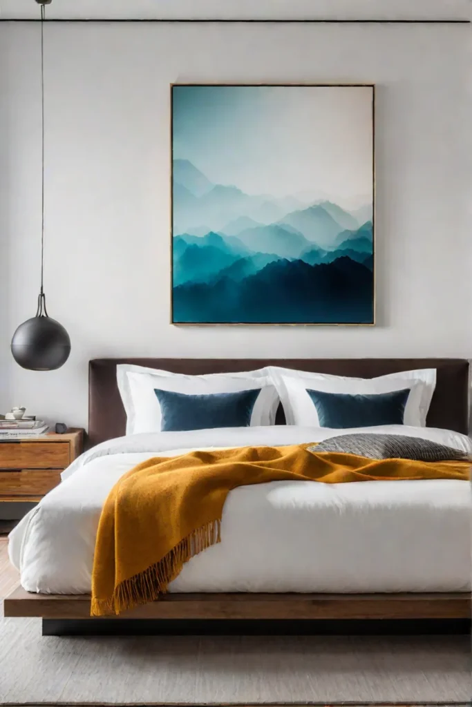 Minimalist bedroom with abstract art and platform bed