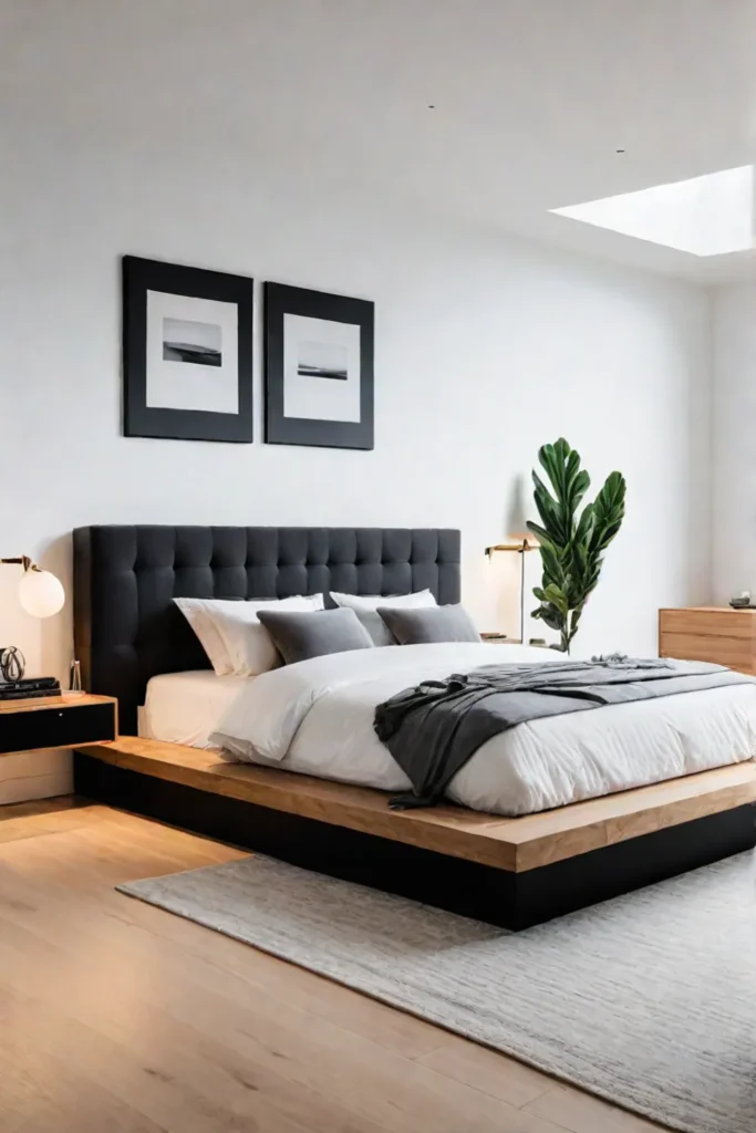 Minimalist bedroom with floating platform bed and airy feel