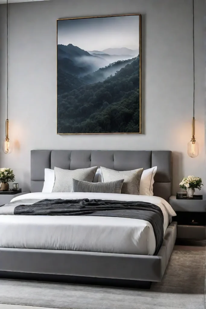 Minimalist bedroom with grey fabric bed and abstract art