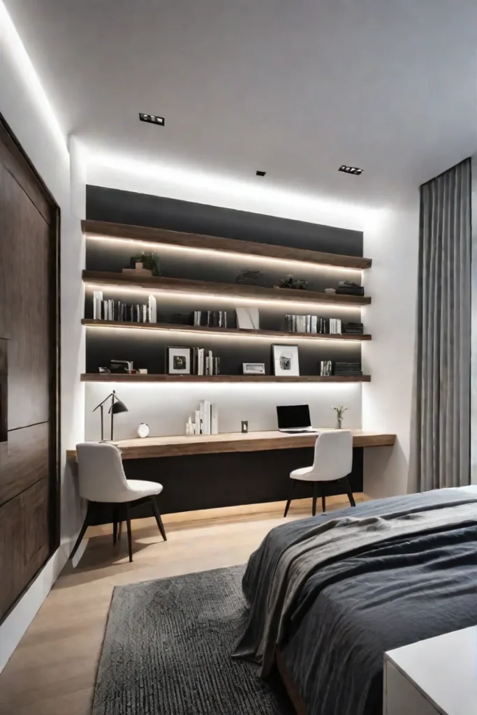 Minimalist bedroom with multifunctional headboard