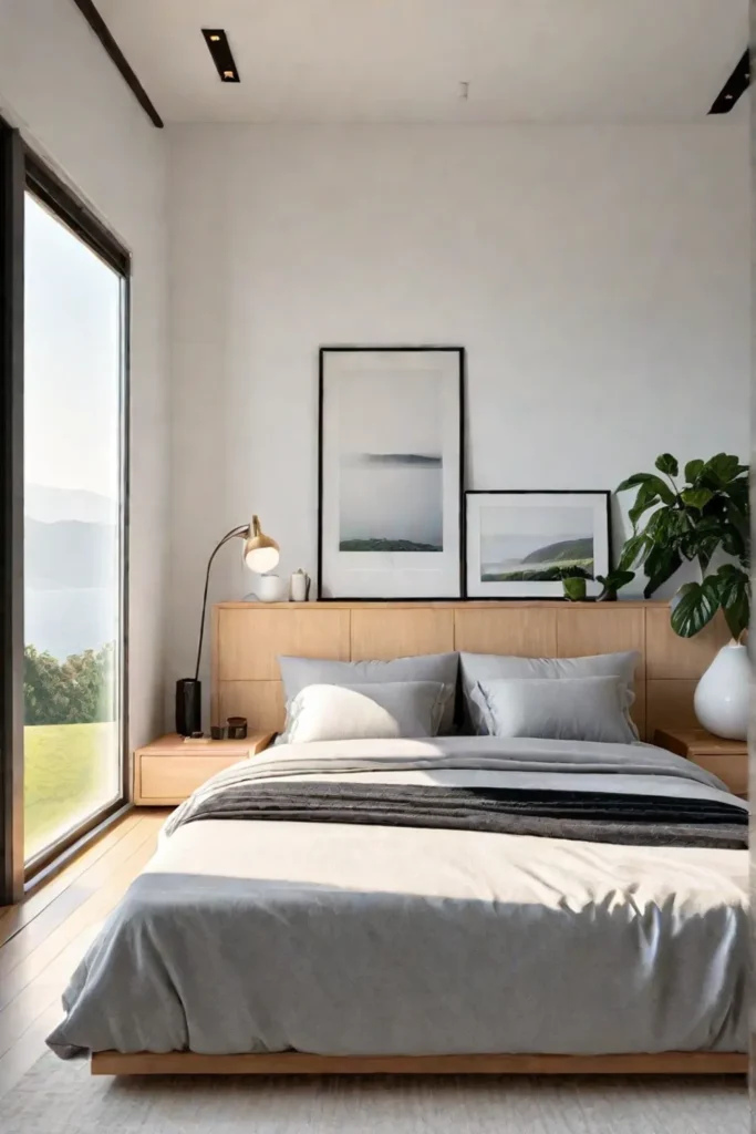 Minimalist bedroom with platform bed and garden view