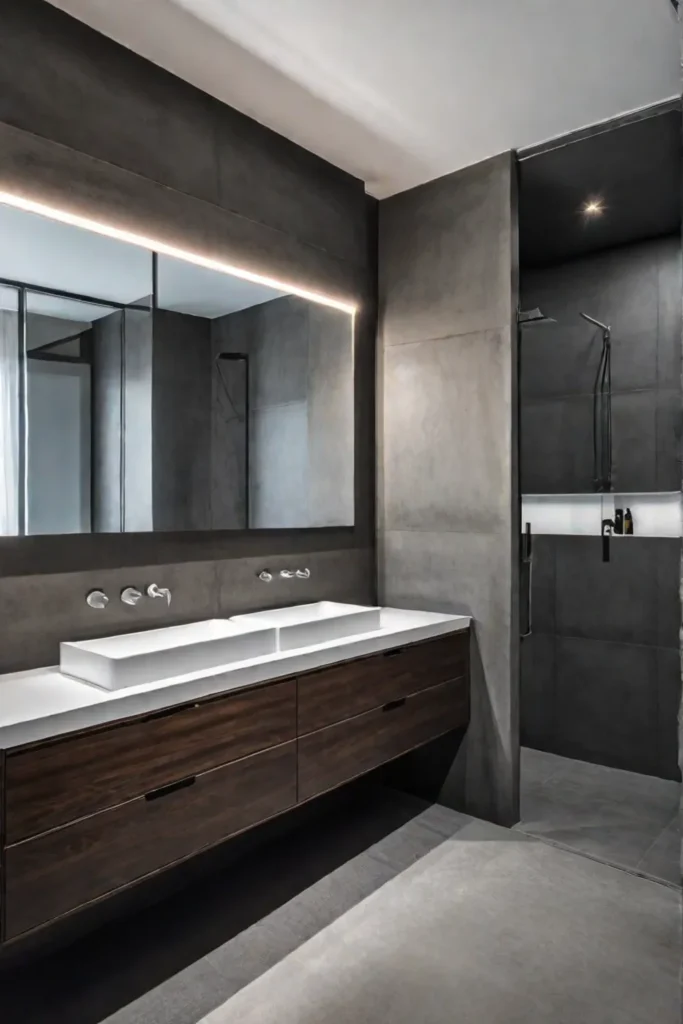 Minimalist bathroom with concrete floors and floating vanity