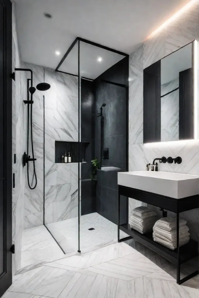 Minimalist bathroom with frameless glass shower and black fixtures