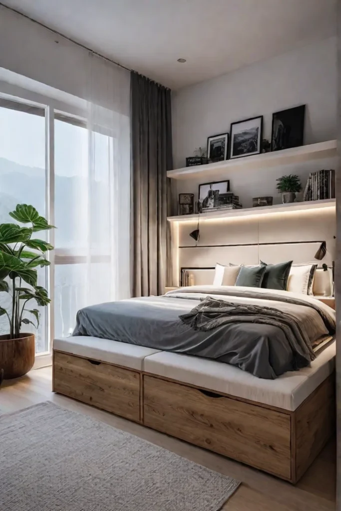 Minimalist bedroom design with light colors and multifunctional furniture
