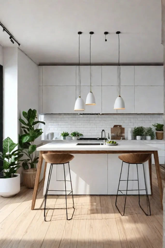 Minimalist kitchen with natural wood accents and greenery