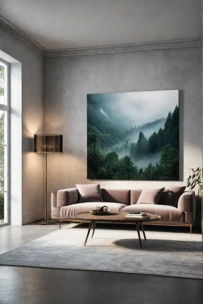 Minimalist living room with concrete and velvet textures