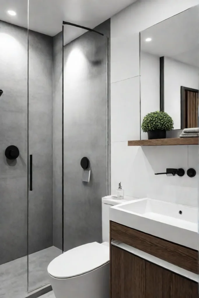 Minimalist small bathroom with a corner shower and a large mirror
