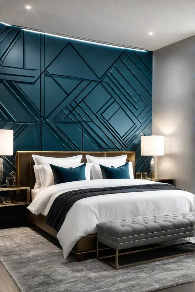 Modern apartment bedroom with geometric headboard