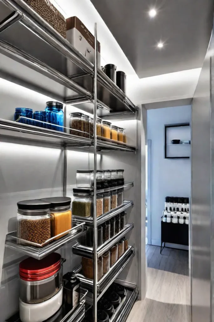 Modern pantry with stainless steel shelves and containers
