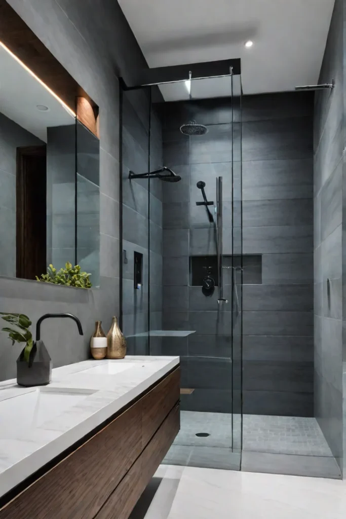 Modern bathroom with gray tile and double vanity