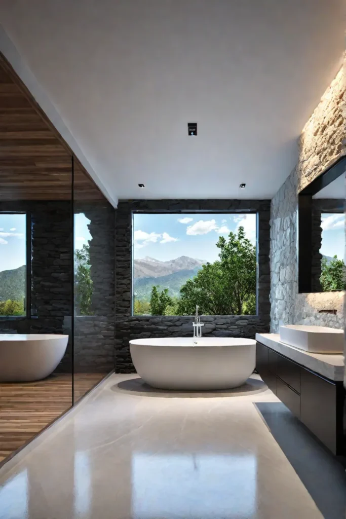 Modern bathroom with natural stone feature wall