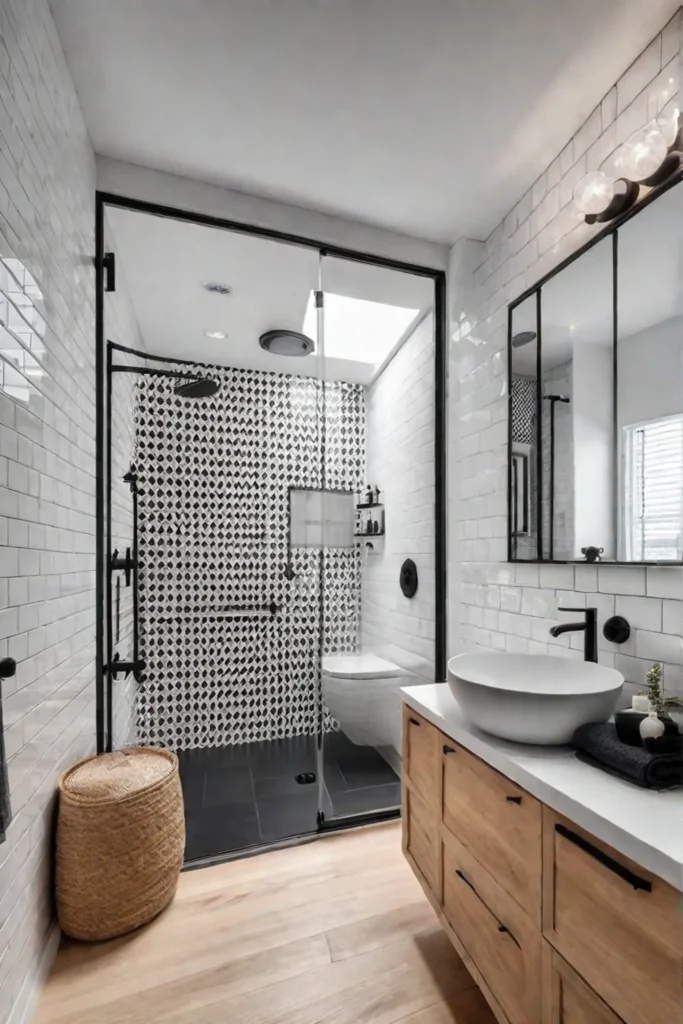 Modern bathroom with patterned tile floor and wood vanity