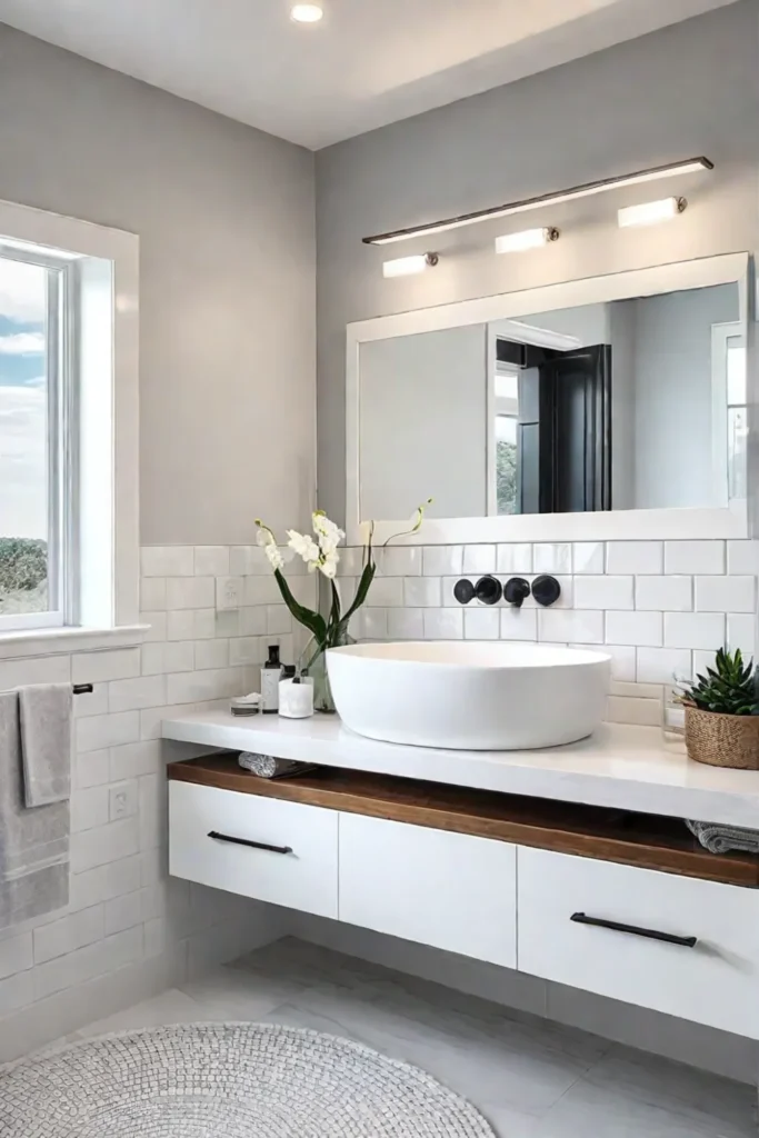 Modern bathroom with white subway tile shower and natural light