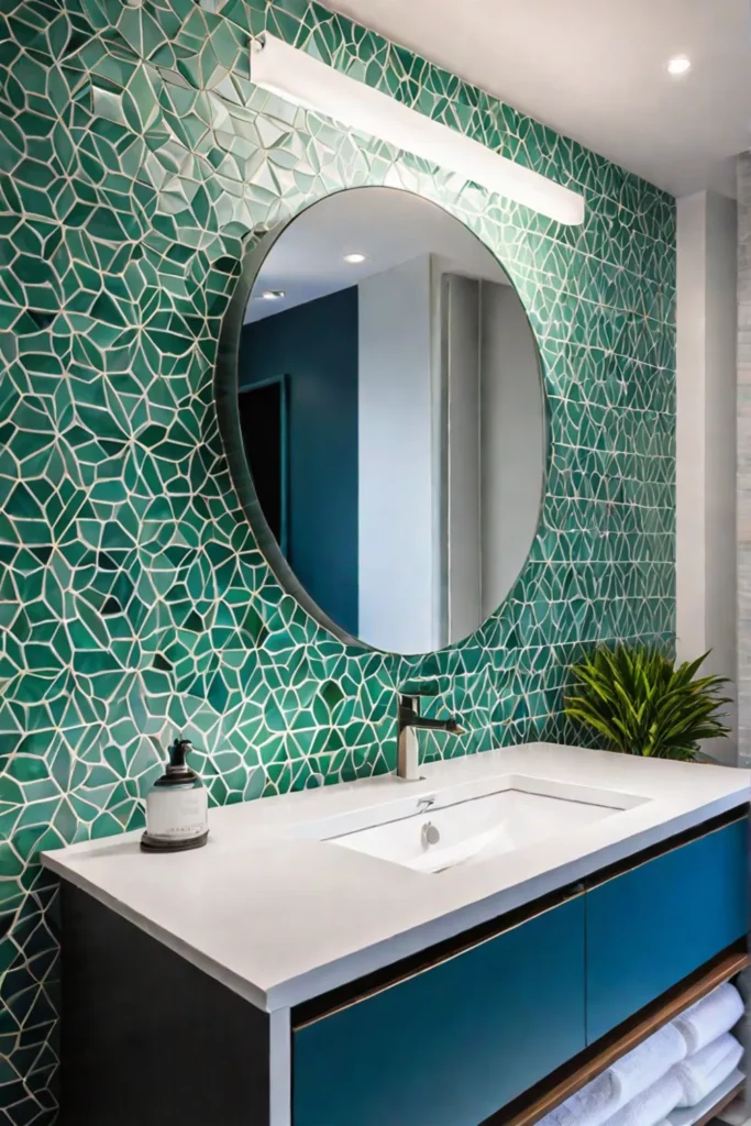 Modern bathroom with white vanity and blue and green tile