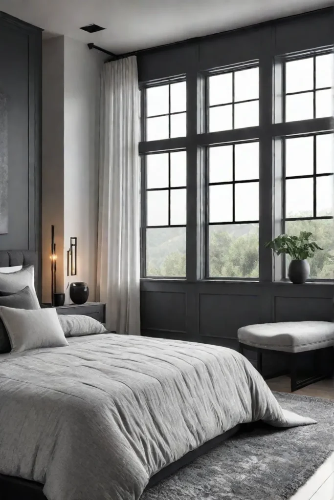 Monochromatic gray bedroom with plush textures and ample light