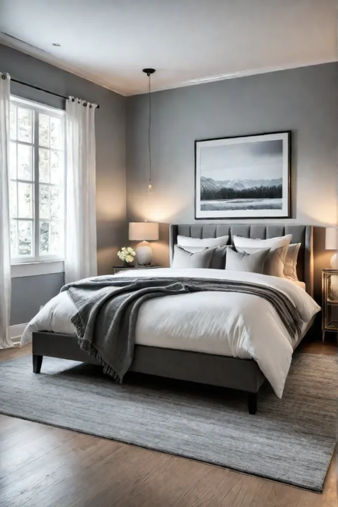 Monochromatic minimalist bedroom with natural textures and artwork