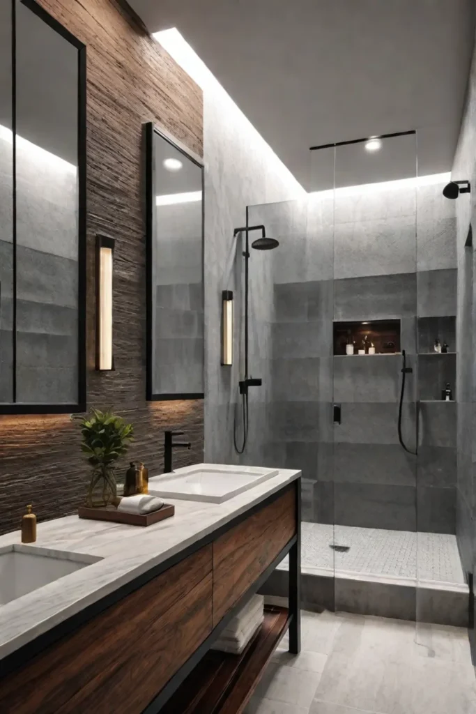 Natural stone tiles and wood accents create a warm and inviting shower space
