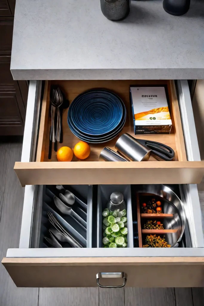 Organized kitchen drawer with dividers for utensils