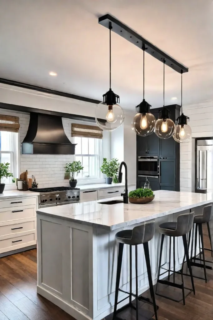 Oversized black pendant lights illuminate a modern kitchen island