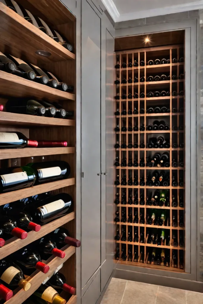 Pantry with builtin wine rack displaying wine bottles