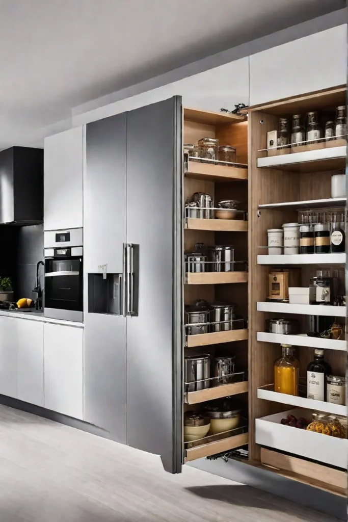 Pullout pantry shelves in kitchen cabinet