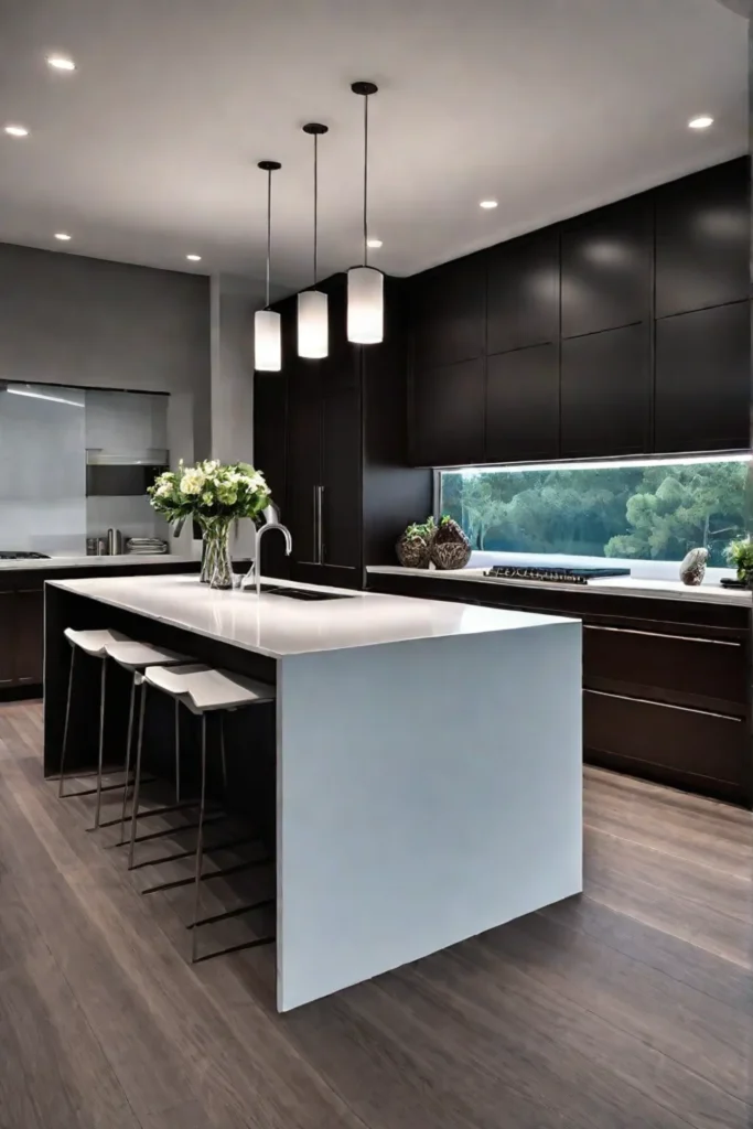 Recessed lighting highlights the contemporary design of a kitchen