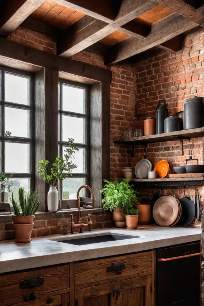 Rustic kitchen with exposed brick and farmhouse sink